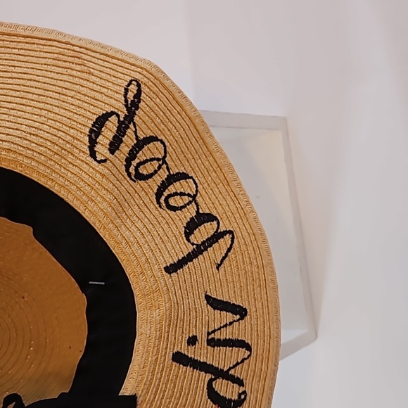 C.C Exclusive Fashionable Sunhat paper straw Good Vibes black embroidery design - Picture 14 of 17